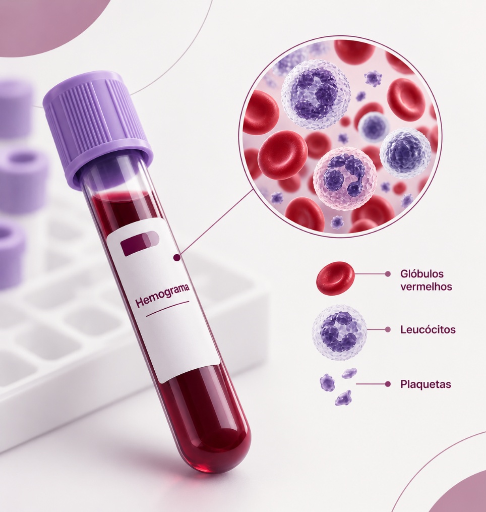 Ilustração de um tubo de coleta de hemograma e representação ampliada de glóbulos vermelhos, leucócitos e plaquetas