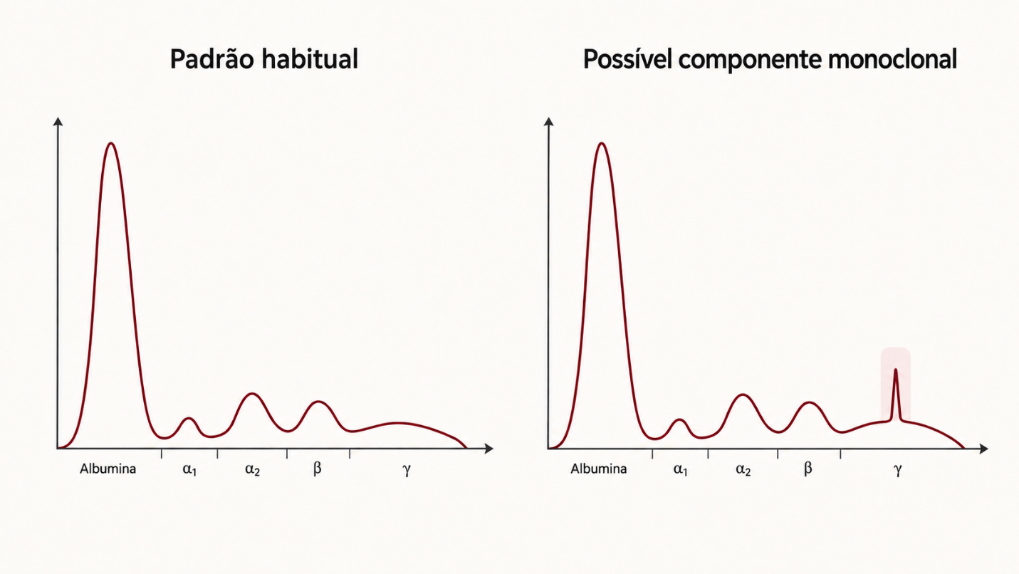 Representação esquemática da eletroforese de proteínas, comparando um padrão habitual com um padrão que mostra um possível componente monoclonal